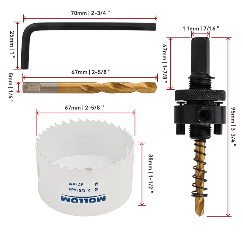 Mollom (67mm | 2-5/8") HSS M42 with 8% Cobalt BI-Metal Hole Saw with 2 Pilot Drill Bits & Arbor Smooth Cutting for PVC,Drywall,Wood,Plastic,Gypsum Board,Rubber - Image 2
